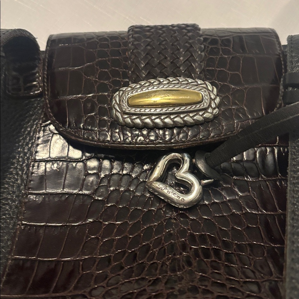 VTG Brighton Black Crocodile Print Brown Pebble Leather Bucket Tote Shoulder Bag - Picture 7 of 12